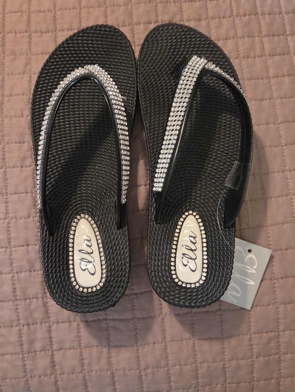 Ella Black Flip Flop Sandals with Clear Rhinestone Straps